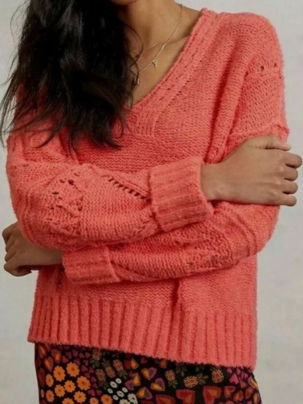 Anthropologie Pilcro Marla V Neck Sweater in Coral.  Size Medium